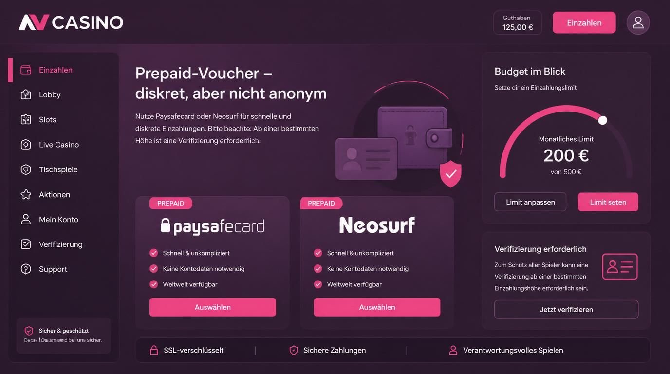 Ein Bild mit Prepaid-Vouchern wie Paysafecard und Neosurf sowie Symbolen für legale Identitätsprüfung, Budgetbegrenzung sichtbar
