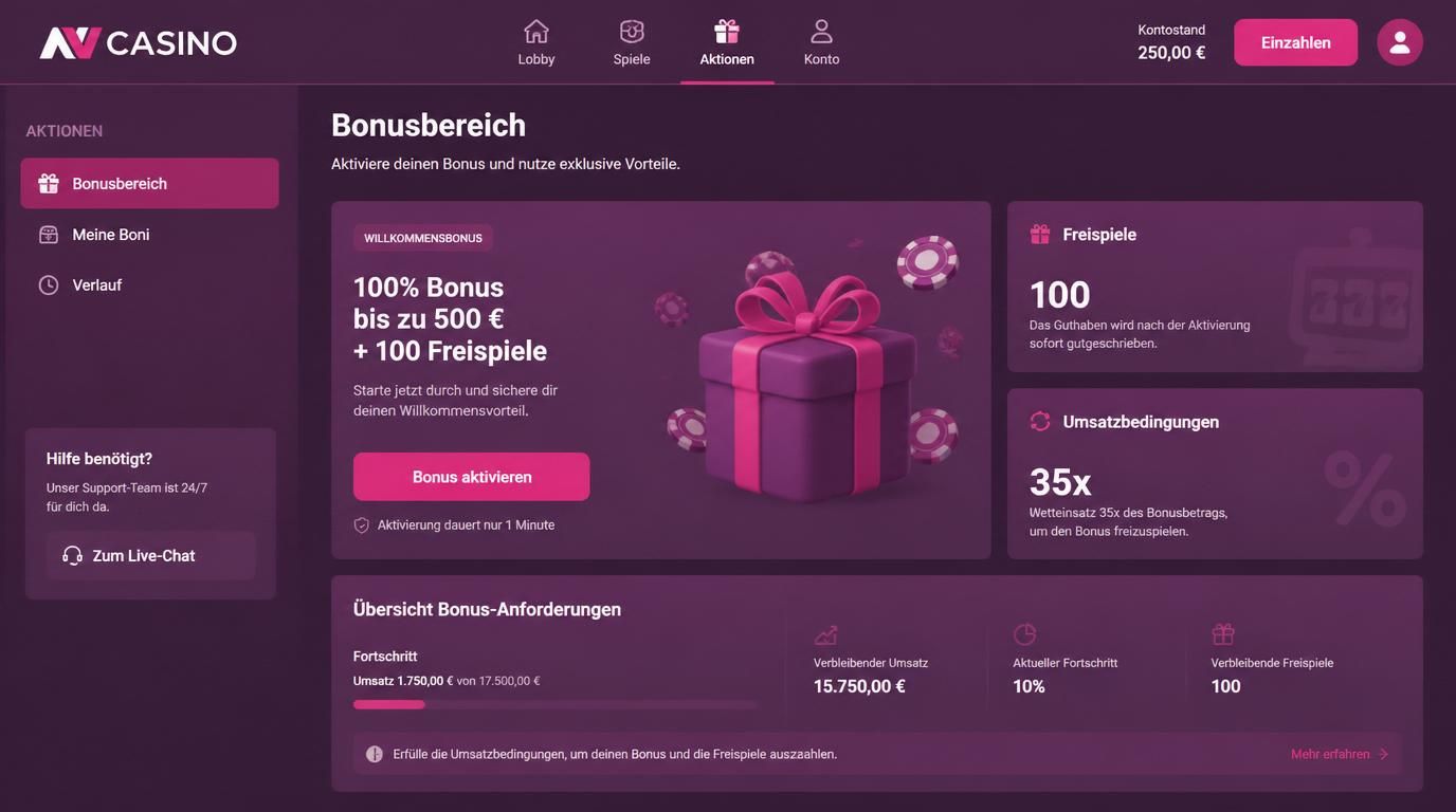 Ein Bildschirm zeigt Freispiele mit ihren Bedingungen wie Umsatzanforderung und Frist.