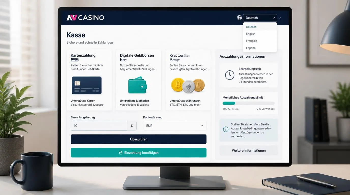 Deutschsprachige Casino-Kasse mit Zahlungsoptionen, Euro-Kontowährung und Sprachauswahl