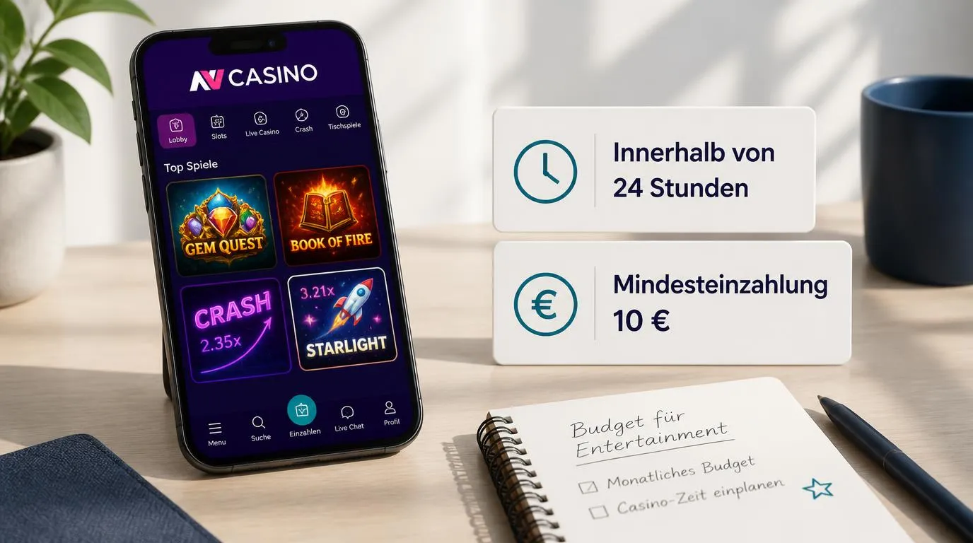 Smartphone mit Casino-Spielauswahl neben einer Anzeige für 24 Stunden Auszahlung und 10 Euro Mindesteinzahlung