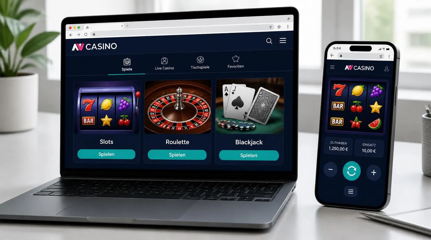 Laptop und Smartphone mit übersichtlichen Casino-Spieloberflächen und gut erkennbaren Bedienelementen