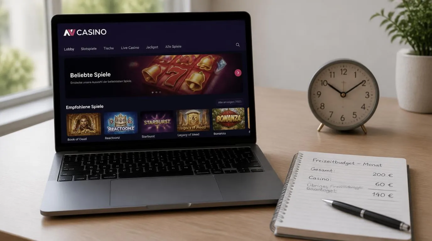 Laptop neben einem persönlichen Budgetplan und einer Uhr als Erinnerung an bewusstes Spielen