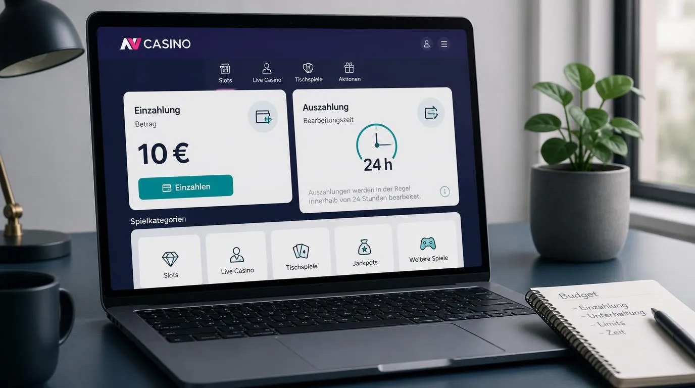 Casino-Oberfläche mit 10 € Einzahlung, einer 24-Stunden-Uhr und Karten für verschiedene Spielgenres