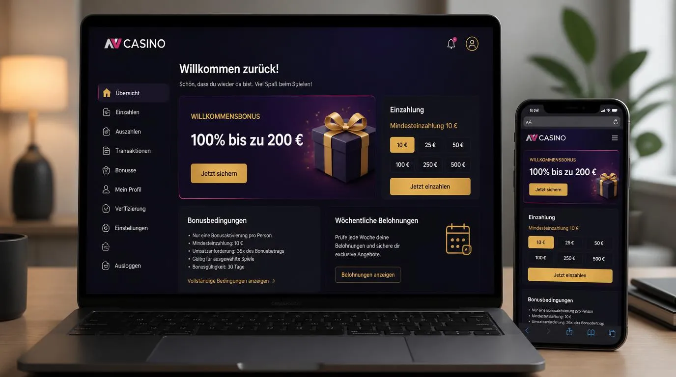Casino-Bonusübersicht mit 100% bis zu 200 € Willkommensbonus und einem Einzahlungsfeld über 10 €